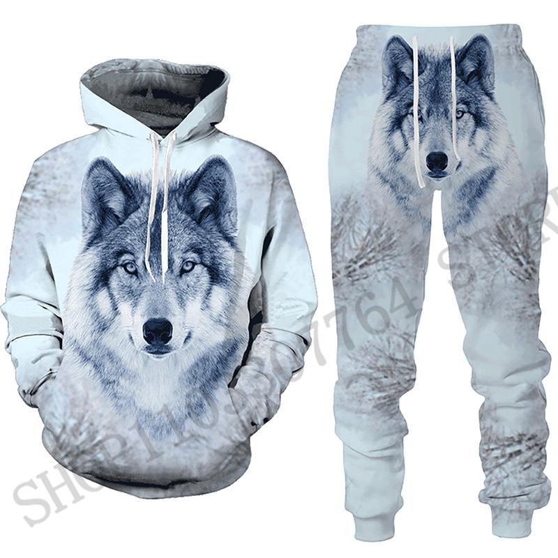 Two Piece Wolf Hoodie Pant Set - 3D Printing Custom 评论和价格