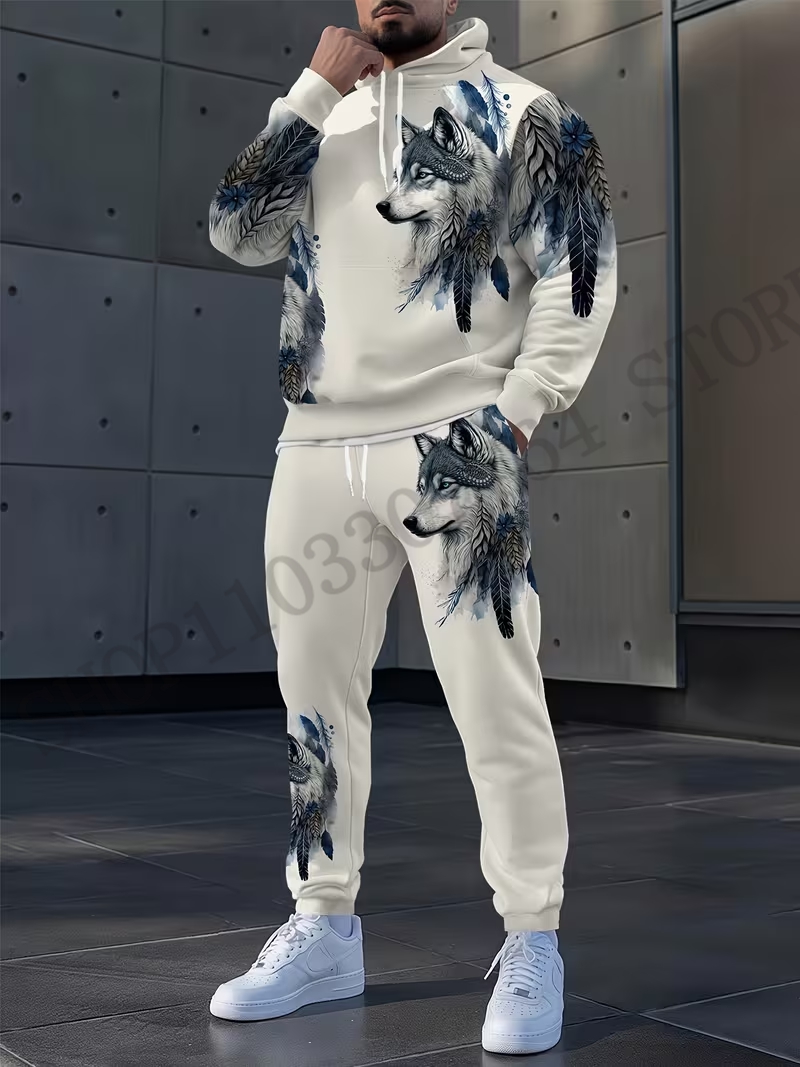 Two Piece Wolf Hoodie Pant Set - 3D Printing Custom 评论和价格